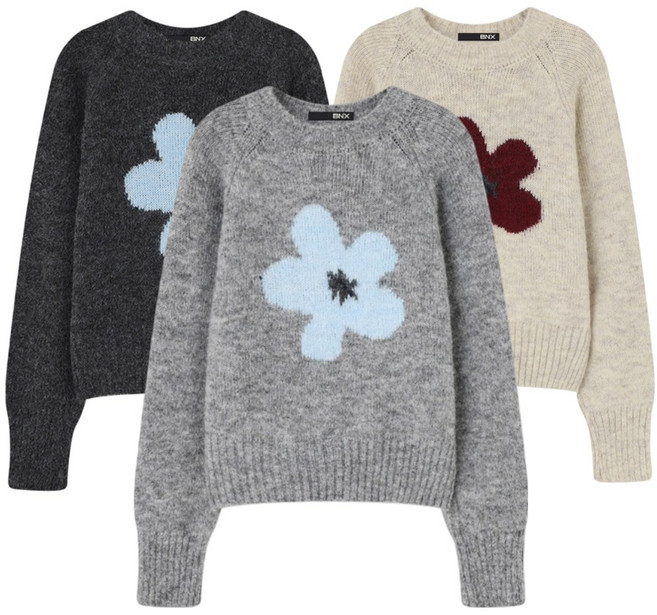 비엔엑스 빅 플라워 자수 긴팔 레글런 니트 (BX4KP001L0)