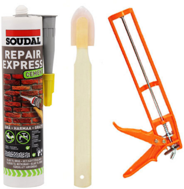 수달 픽스올 실리콘 리페어 익스프레스 석재 벽돌 줄눈 크랙보수 빠른 건조 액상 몰탈 시멘트 회색, 리페어 익스프레스 회색+실리콘건+헤라, 1개