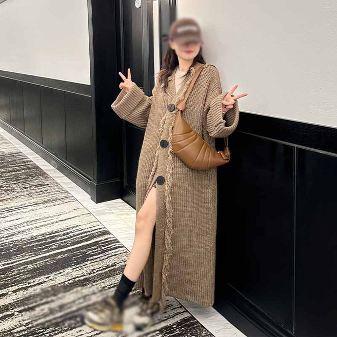 AOKADA 여성 가을 겨울 오버핏 롱 니트 가디건 스웨터 코트