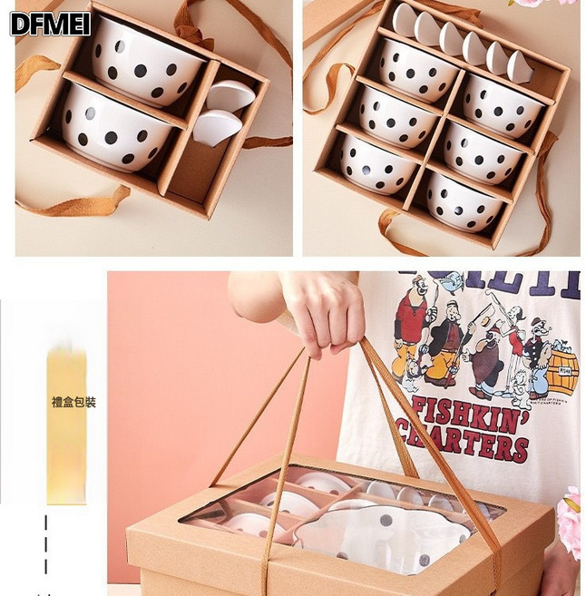 DFMEI 日式碗具套裝碗盤碟禮品瓷碗新婚喬遷新居開業活動陶瓷餐具禮盒裝, 1個, 波點, 6碗6勺(16套/箱)