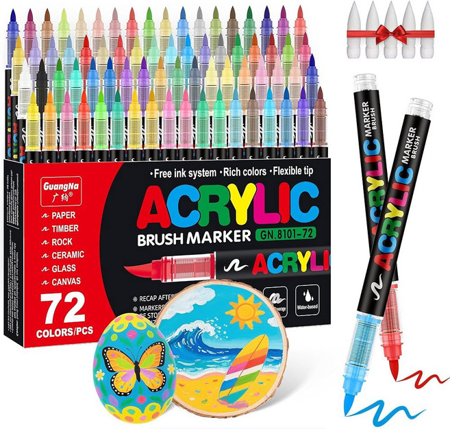 광나 아크릴 페인트 마커 브러시 팁 72가지 생생한 색상과 직액 잉크 컨트롤 시스템 암벽화 캔버스 유리 플라스틱 직물 및 창의적인 공예를 위한 전문가용, 1 Count (Pack of 72), Multicolor
