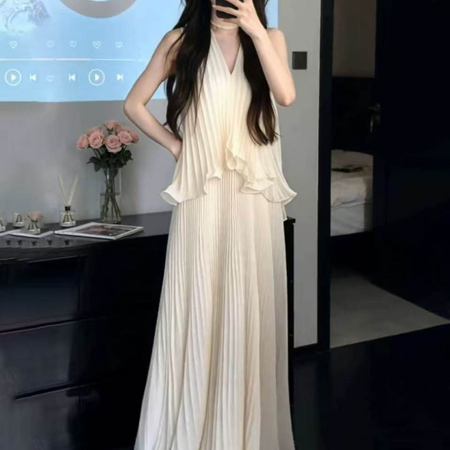 夏日度假風雪紡百褶連衣裙, 1個, 杏色兩件套2XL