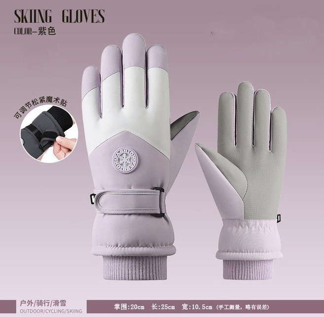 保暖觸控手套 戶外登山滑雪手套 防潑水男女騎行機車手套, 圓標直手-紫白色,均碼