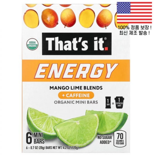 댓츠잇 에너지 미니바 망고 라임 블렌드 6개 각 0.7온스 20g That's It Energy Organic Mini Bars Mango Lime Blends 6 0.7oz, 댓츠잇 에너지 오가닉 미니바 망고 라임 블렌드 6개 각 - 쿠팡