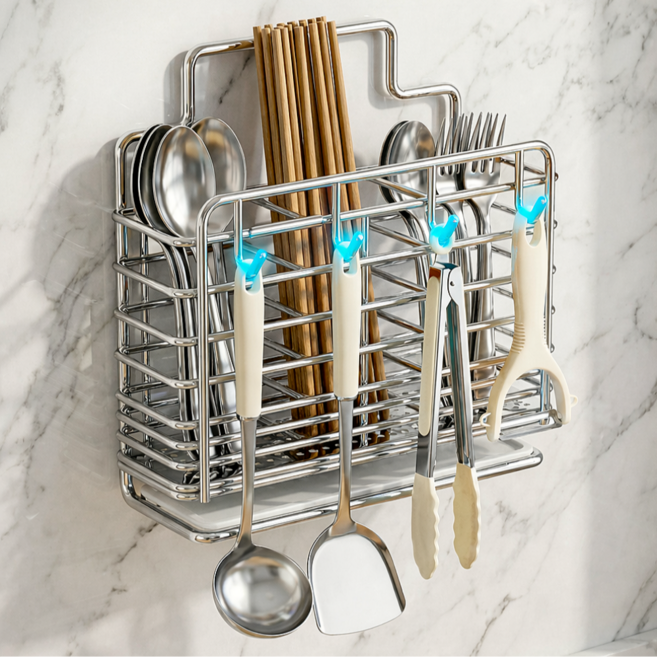 베픽스 물빠짐 후크걸이 칸분리 수저통, 1개, 실버