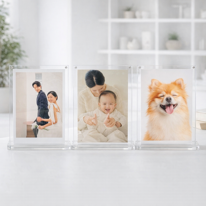 몽이아 4x6 투명 아크릴 자석 냉장고 스탠드 사진액자 인생네컷 포토이즘 초음파, 3개, 자석투명아크릴액자세트+받침대