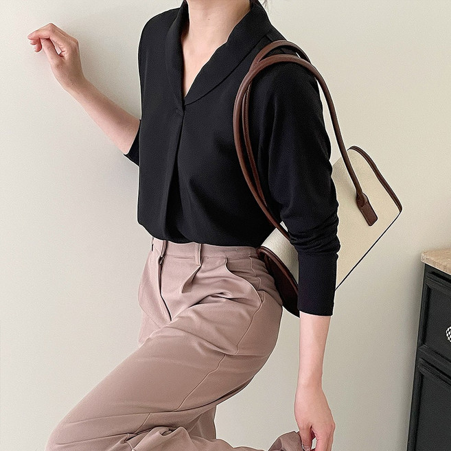 빅사이즈 둥근카라 브이넥 턱주름 믹스매치 블라우스 격식룩 ~5XL 자체제작 1321