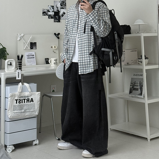 르위 린넨 체크 긴팔남방 오버핏 셔츠 빅사이즈