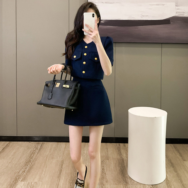 여름 여성 투피스 세트 반팔 트위드 자켓 하이웨스트 스커트 세트 프렌치 여자 하객룩 세트 YJW