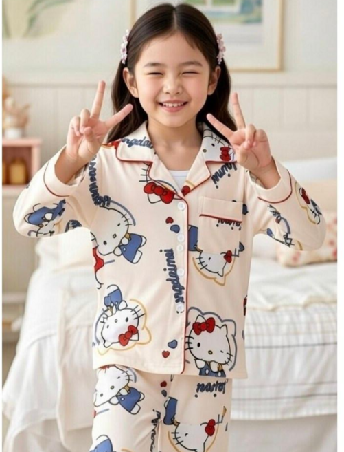 라움리에 여아 남아 긴소매 봄 가을 겨울 키티 실내복 파자마 바지 상하 세트 잠옷
