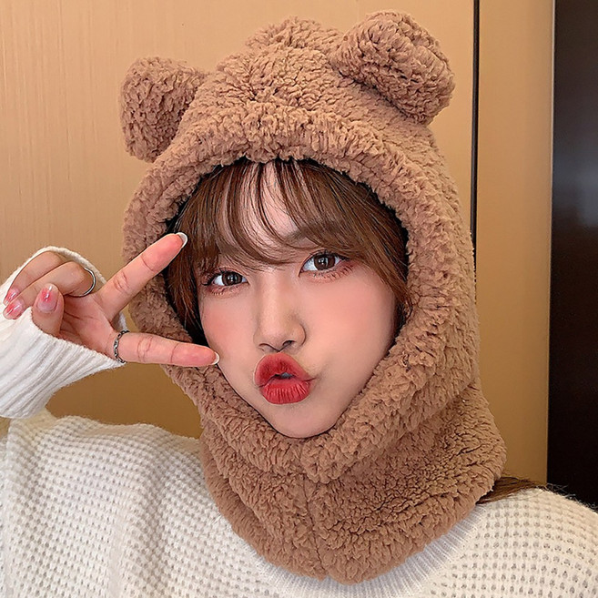 뽀글이 일체형 곰돌이 바라클라바 겨울 모자, 1개, 브라운