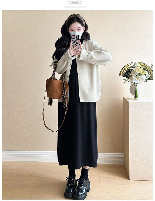 임산부 겨울 스커트 세트 가을 겨울 임부 니트 가디건 + 롱 원피스 캐주얼 세트 심플 패션 JS