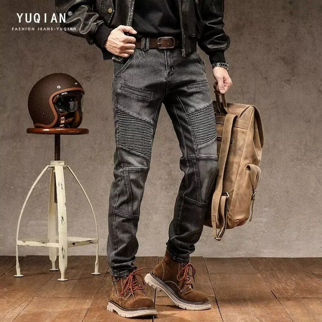 couyor하이 스트리트 아메리칸 바이크 청바지 남패치 훌리건 가을 겨울 스판 슬림핏 슬랙스 남성팬츠, 다크그레이