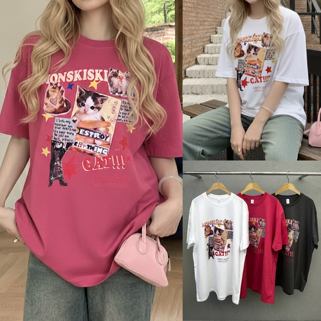 빅사이즈 여자 반팔티 스키 고양이 캣츠 나염 박스 캐주얼 롱 티셔츠