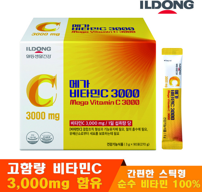 ILDONG 메가 비타민C 3000mg 고함량 순수 비타민C 100% (3개월분), 1박스, 270g