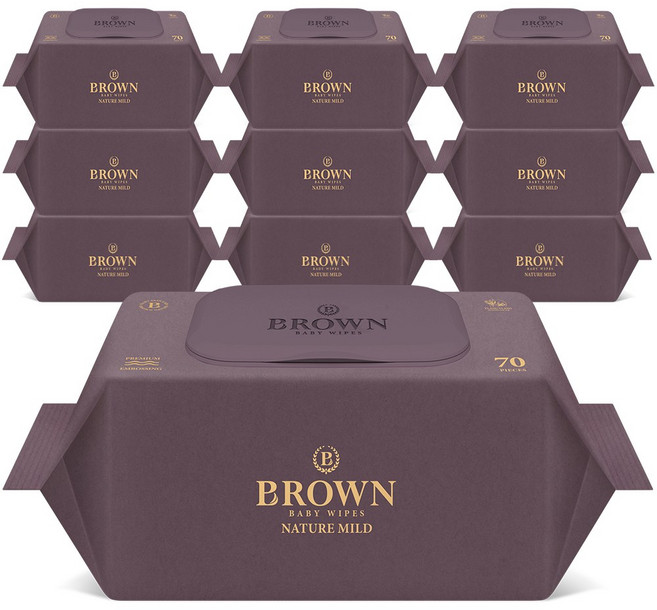 브라운 네이처 마일드 엠보싱 도톰한 아기 물티슈 캡형, 68g, 70매, 10개