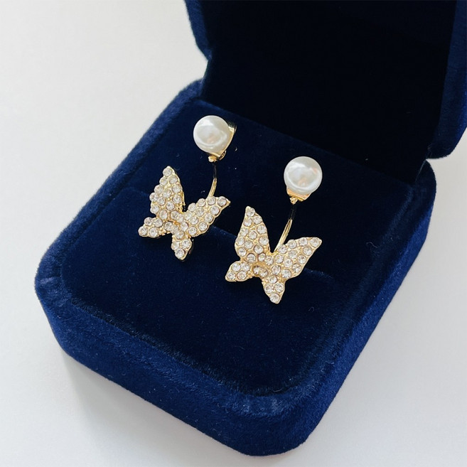 [주얼리제이] 925실버 은침 나비 진주 귀걸이