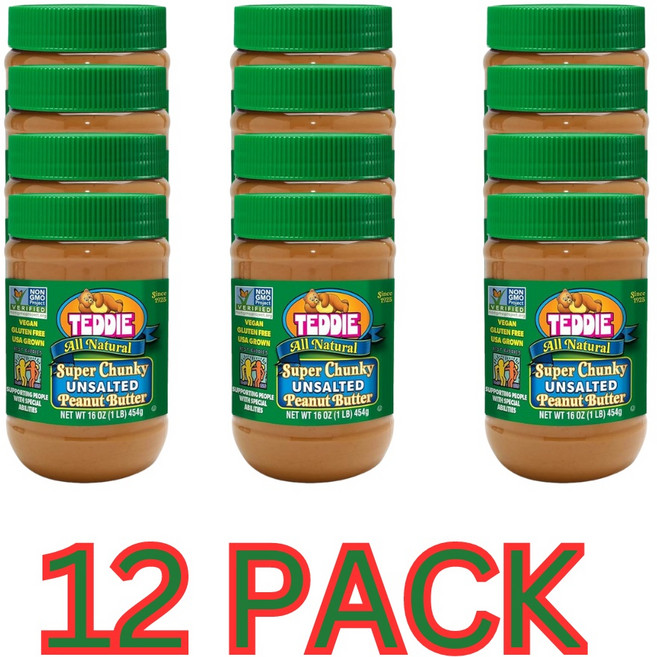 테디 피넛버터 무설탕 땅콩버터 글루텐프리 비건 스무스 454g 12개 팩 슈퍼 청키 무염