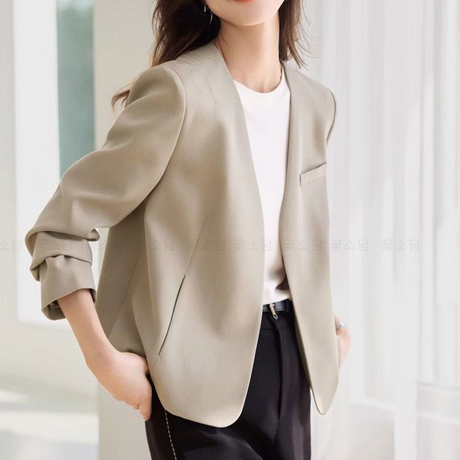 꽃소담 여성 봄 여름 노카라 크롭 정장 자켓 링클프리 숏 블레이저 재킷 HXY26A317