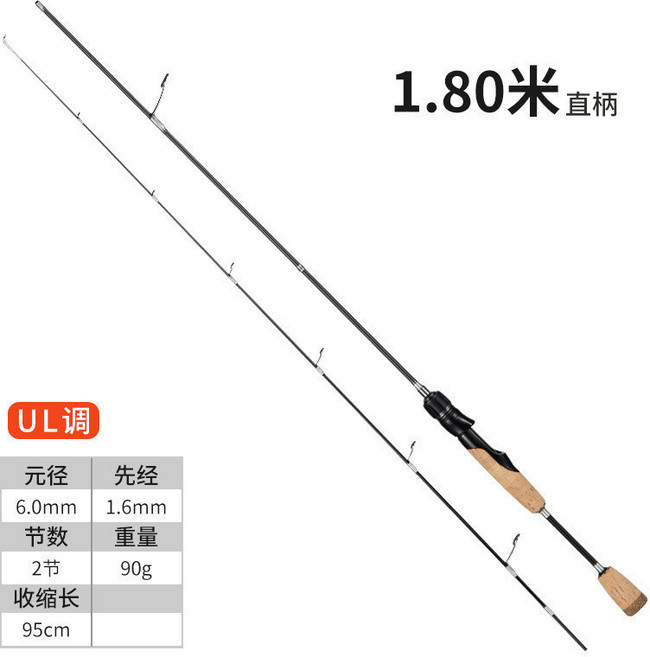 貝貝 插節式碳素軟木UL路亞竿 1.35米微物竿, 1.8米直柄