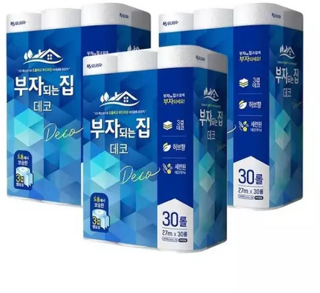 배송)부자되는집 3겹 30롤 휴지x3개 롤화장지 두루마리 3겹 3겹휴지 생필품 화장실휴지, 3롤, 1개