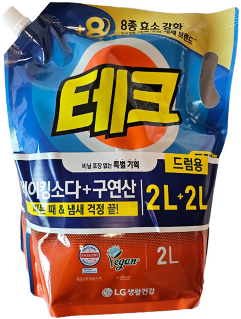 LG생활건강 테크 베이킹소다+구연산 액제세제(드럼용) 리필 2L+2L 4대얼룩제거, 1세트
