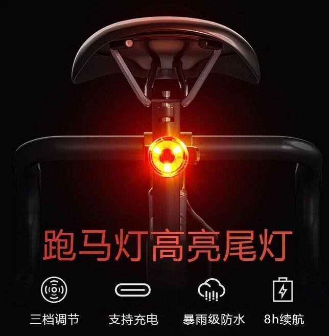 自行車警示尾燈 USB充電 跑馬燈設計 三檔調節 暴雨級防水, 1個, 2025長續航尾燈跑馬燈設計多檔調節,入門1999K微亮低續航待1小時