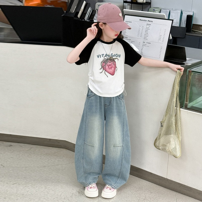 키즈목마 여름 여아 나그랑 반팔 청바지 세트 주니어 초등여아 캐주얼 아이스 청바지 상하복 676