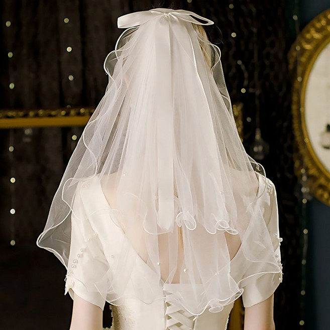 78cm 리본 웨이브 쉬폰 진주 샤 베일 면사포 레이어드 웨딩헤어장식 웨딩면사포 셀프웨딩 셀프 웨딩 스냅 소품, 1개
