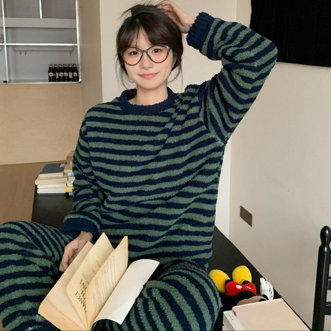 ANYOU 여성용 겨울 기모 잠옷 스트라이프 잠옷 상하의 세트 데일리 빅사이즈 홈웨어 세트