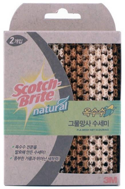 3M 내츄럴 옥수수 그물망사 수세미 2P 다용도 주방 욕실 베란다 화장실 청소 창틀 캠핑 차박 그리들 찌든때 기름때, 1개
