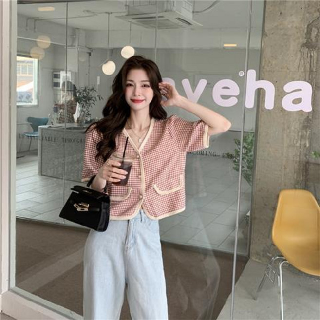 잔향기 남방 코트 여 춘하 치토 브이넥 반팔 가디건 위에 nvduanxiu