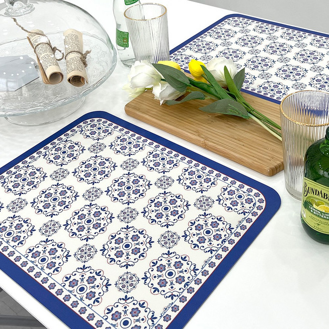 소비르 레트로 테이블 플레이트 매트, 블루 원형 패턴