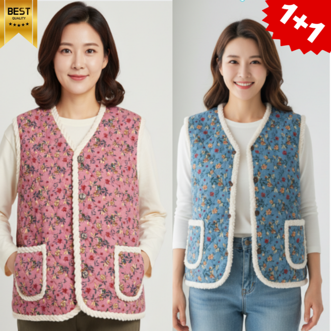 린델 1+1 누빔 양털 기모 할머니 촌캉스 꽃무늬 누빔 보온조끼