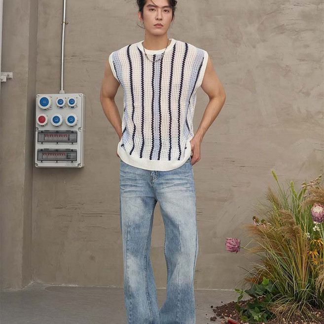 TIMEPURE 남녀 스트라이프 루즈핏 펀칭 나시 니트 여름 민소매 라운드 베스트 심플 나시