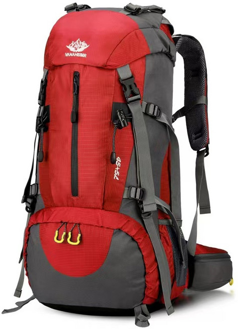 HTYVC 등산가방 50L 대용량 방수 스포츠 배낭 백팩 트래킹 캠핑 아웃도어 남녀 등산 가방 + 방수커버, Red