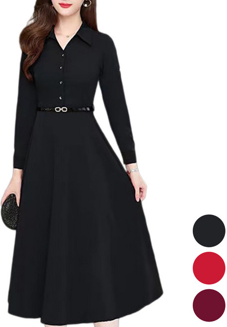 원피스 미디 폴로넥 여자 봄 허리 조임 빅사이즈 긴팔 심플 스커트 캐주얼 패션 Z022713