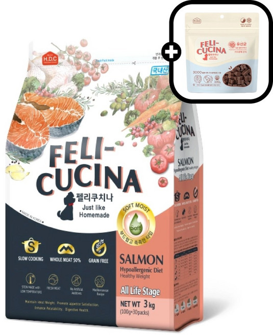 HDC 펠리쿠치나 소.프트 반습식 사료+펠리쿠치나 가수분해간식 유산균 100g증정, 1개, 3kg, 연어