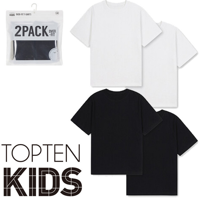 탑텐키즈 아동 공용 탄탄한 오버핏 단독착용 외출용 밑단 옆트임 기본 반팔 티셔츠 2P 세트