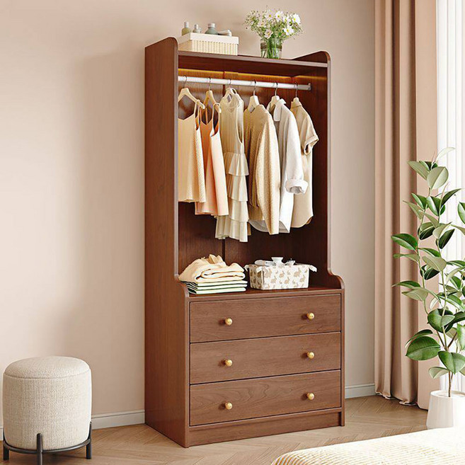 북유럽 스타일 서랍 수납형 오픈형 옷장 침실 의류정리 가구, 브라운