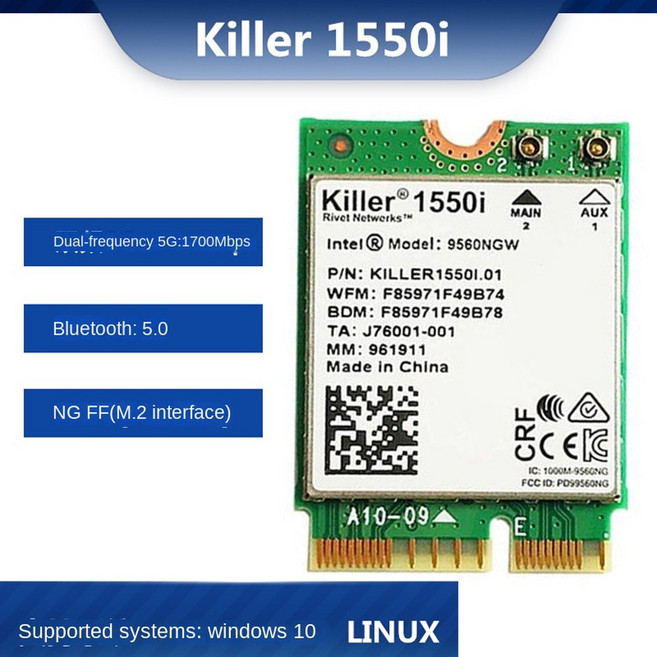 Killer 윈도우 10 용 블루투스 5 0 노트북 1550i AC 듀얼 밴드 1 73Gbps 무선 9560NGW NGFF 키 E 와이파이 카드 9560AC 802 11ac, 194
