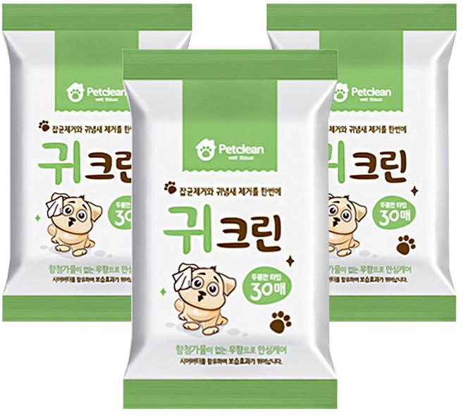 펫크린 반려동물 물티슈 귀크린, 3개