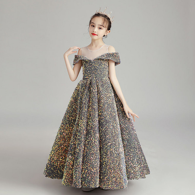 VANLUEE 女童晚禮服兒童公主裙婚紗連衣裙子生日主持人鋼琴演出服, 1個, 灰色長款:120cm