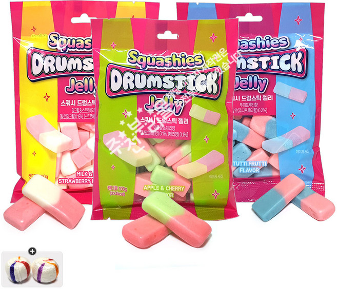 gs편의점 스쿼시 드럼스틱 젤리 100g 3종(애플/뚜띠/밀크스트로) 각1봉씩 총3봉+자색옥춘사탕 20g 세트, 1세트, 300g