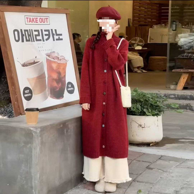 【慵懶韓系】針織連衣裙 毛衣長裙 中長款連衣裙 秋冬連衣裙 寬鬆毛衣 高領毛衣 針織長裙 寬鬆顯瘦 加厚保暖 秋冬內搭外穿, 紅色