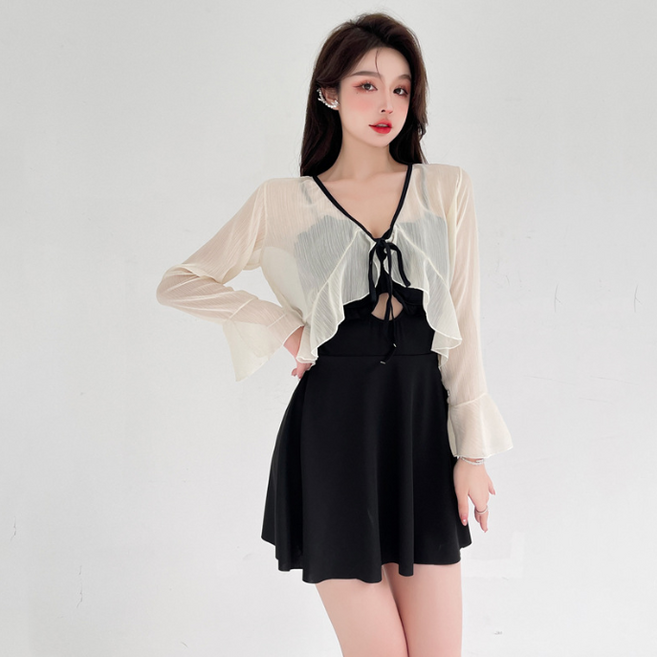 세트 휴가 가디건 바지 비치 여름 프릴 매듭 원피스 수영복 몸매 보정 비키니 치마, 카키-L