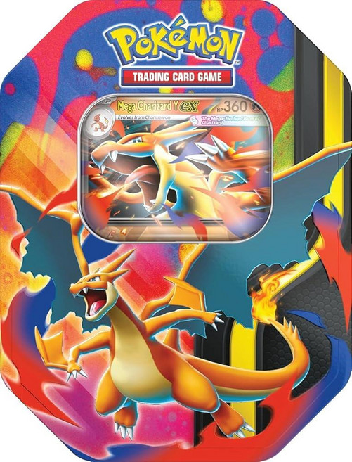 정품++ Pokémon TCG 트레이딩 카드 게임: Mega Charizard ex 프로모션 및 틴 4팩 포함 (팬텀 플레임 2개 함께 여행하는 1개 메가 에볼루션 1개, Mega Charizard Y ex