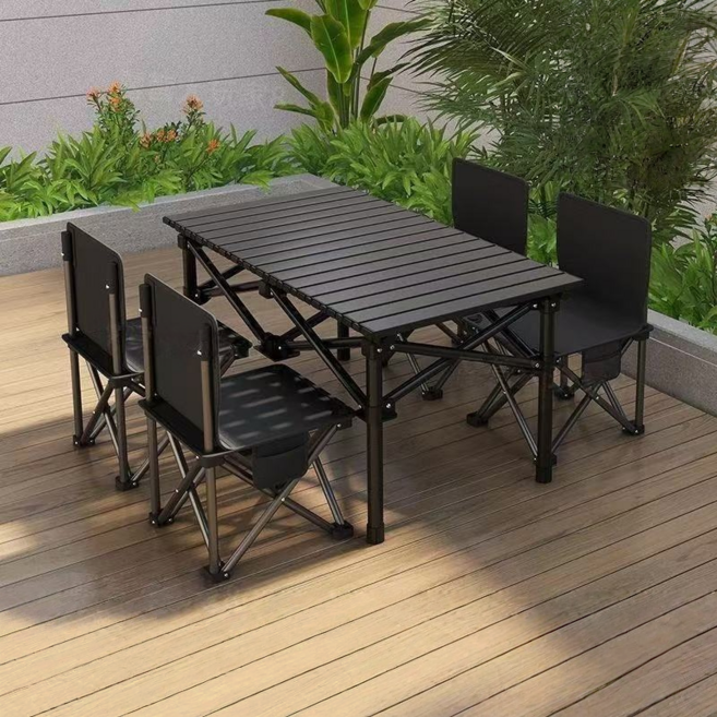 접이식 4인 캠핑 롤 테이블 의자 세트 노점 영업용 휴대용 캠핑테이블 낚시 캠핑 테이블 의자, 블랙