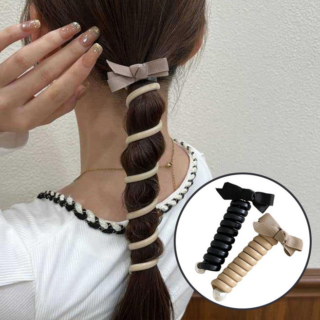 1+1 스프링 포니테일 머리끈 전화선 헤어끈 진주 스터드 고무줄 리본