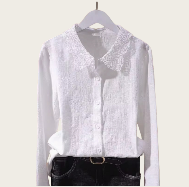쌍천 레이스 카라 순면 반팔 블라우스 티셔츠